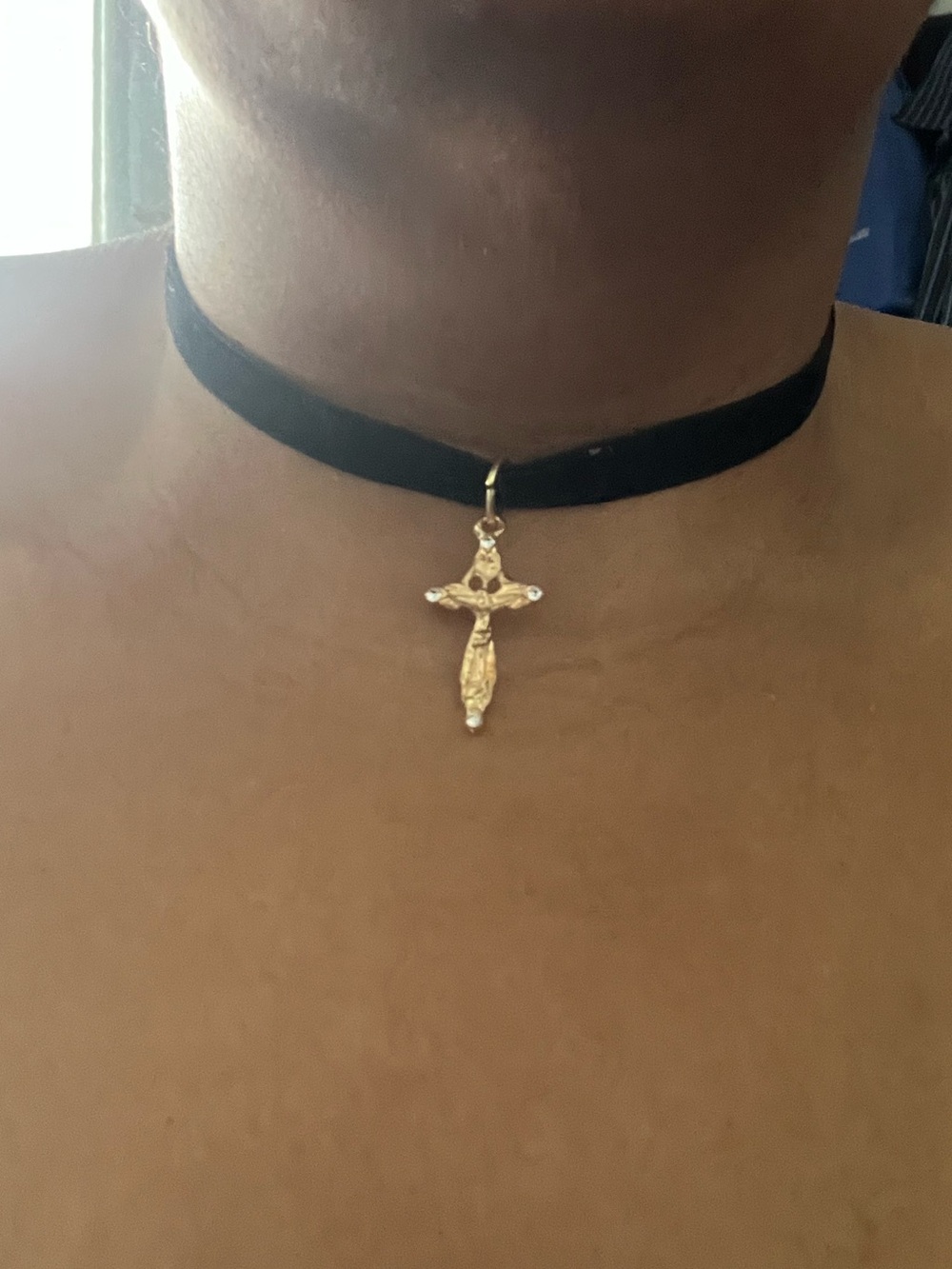 Upcycled Black Velvet Choker Necklace with Gold Plated Crucifix Pendant Recycled